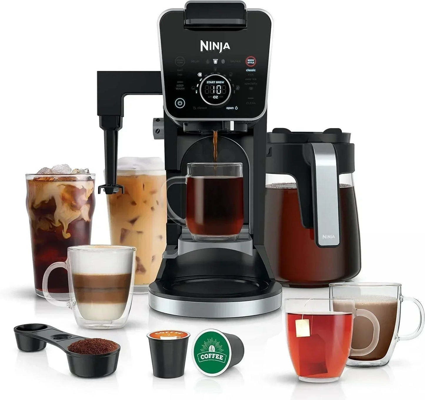 NINJA CFP301 DUALBREW PRO SPECIALTY 12-CUP DRIP MAKER WITH GLASS CARAFE, SINGLE-SERVE GROUNDS, COMPATIBLE WITH K-CUP PODS, WITH 4 BREW STYLES, FROTHER & SEPARATE HOT WATER SYSTEM, BLACK