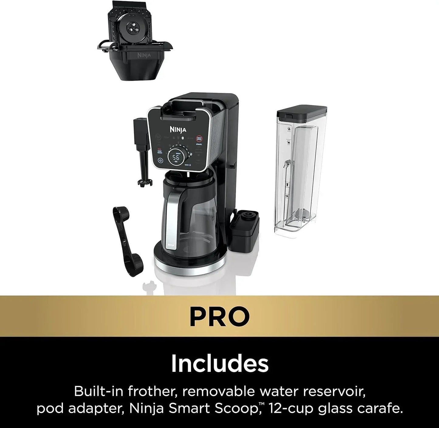 NINJA CFP301 DUALBREW PRO SPECIALTY 12-CUP DRIP MAKER WITH GLASS CARAFE, SINGLE-SERVE GROUNDS, COMPATIBLE WITH K-CUP PODS, WITH 4 BREW STYLES, FROTHER & SEPARATE HOT WATER SYSTEM, BLACK