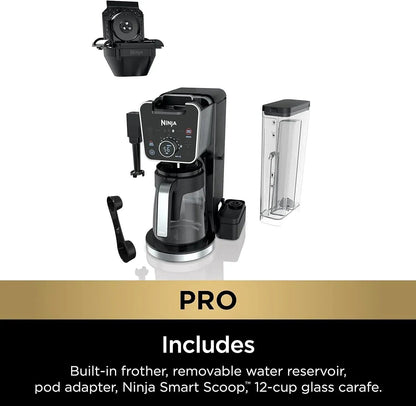 NINJA CFP301 DUALBREW PRO SPECIALTY 12-CUP DRIP MAKER WITH GLASS CARAFE, SINGLE-SERVE GROUNDS, COMPATIBLE WITH K-CUP PODS, WITH 4 BREW STYLES, FROTHER & SEPARATE HOT WATER SYSTEM, BLACK