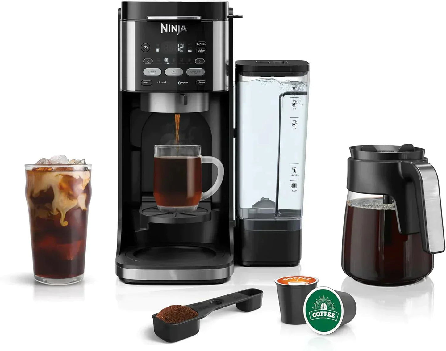 NINJA CFP301 DUALBREW PRO SPECIALTY 12-CUP DRIP MAKER WITH GLASS CARAFE, SINGLE-SERVE GROUNDS, COMPATIBLE WITH K-CUP PODS, WITH 4 BREW STYLES, FROTHER & SEPARATE HOT WATER SYSTEM, BLACK