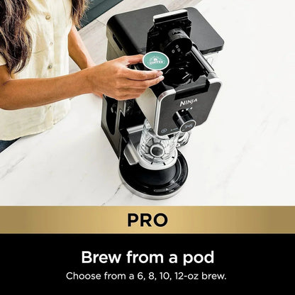 NINJA CFP301 DUALBREW PRO SPECIALTY 12-CUP DRIP MAKER WITH GLASS CARAFE, SINGLE-SERVE GROUNDS, COMPATIBLE WITH K-CUP PODS, WITH 4 BREW STYLES, FROTHER & SEPARATE HOT WATER SYSTEM, BLACK